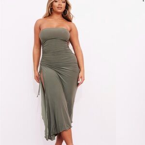 SHAPE OLIVE SLINKY BANDEAU RUCHED SIDE HEM MIDAXI DRESS